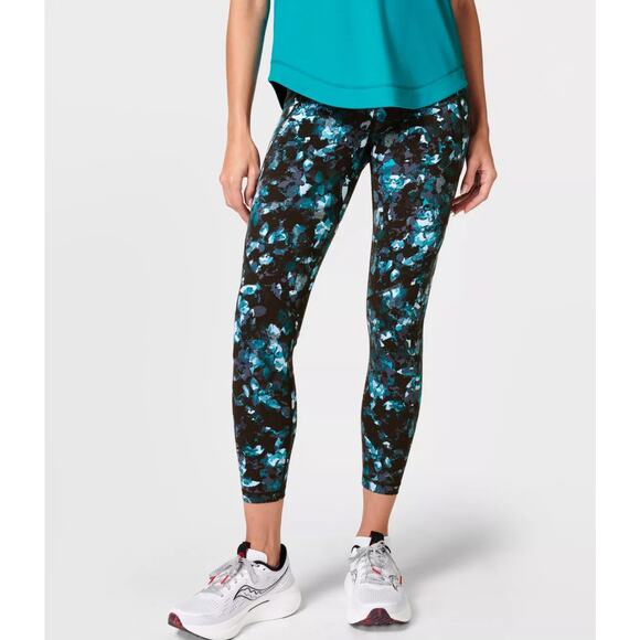 Sweaty Betty 7/8 Power Leggings Women’s Small Black Blue Floral Print Yoga Pants - Picture 1 of 7